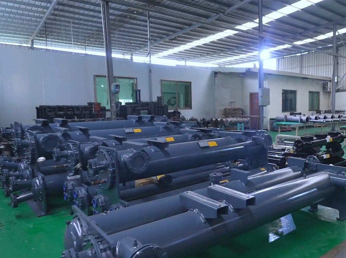 Finished exchangers lined up in the workshop